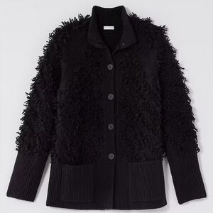 New J Jill Pure Jill Textured Fringe Button Cardigan Black LARGE Retail $139